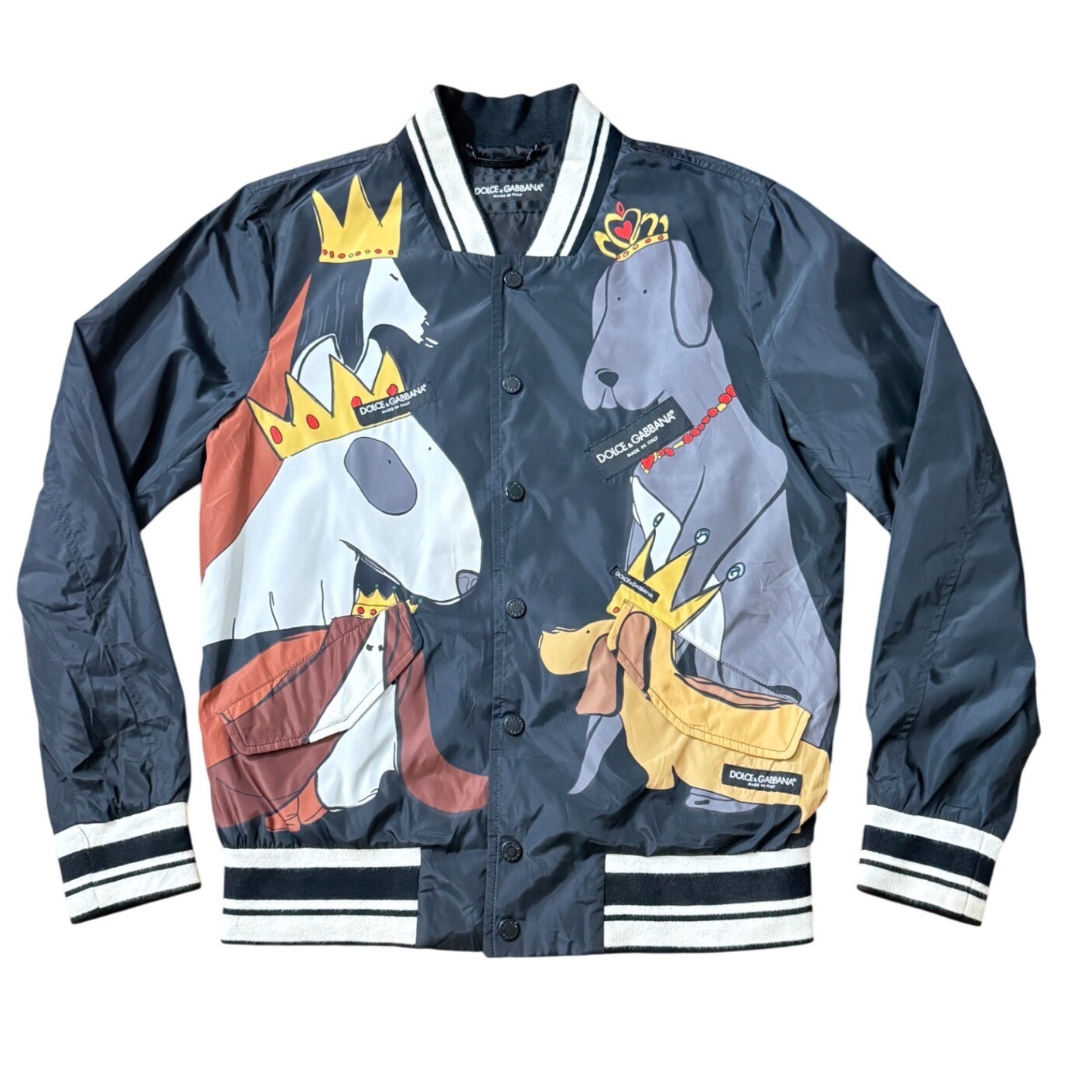 Dolce & Gabbana Royal Dog Bomber Jacket Black Graphic Print Mens 48 Deadstock